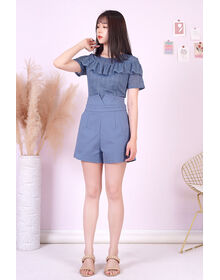 Lace Top Frill Shoulder One Piece Playsuit (Grey Blue)